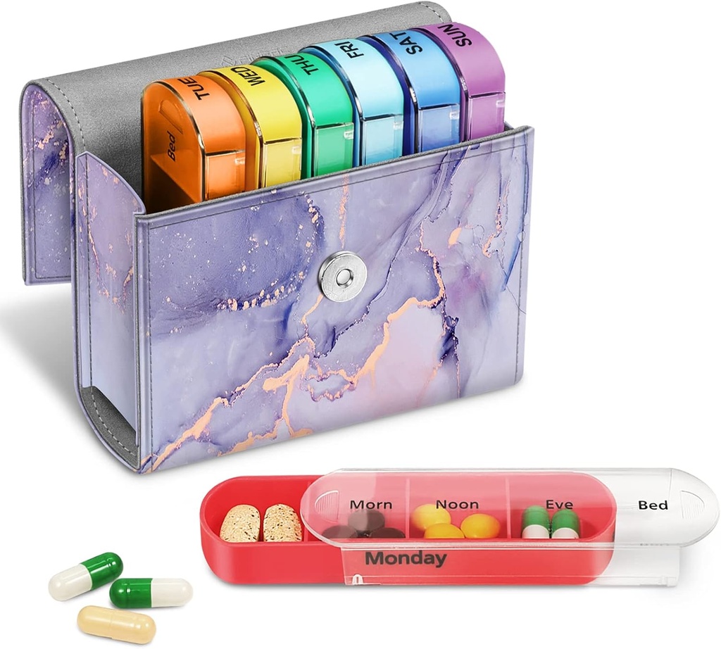 FINPAC Savaitės pil Organizers 4 Times A Day, Slide Open Case Travel PU Ode Case Vitamino Medicina Reminder ir Planner su vardu Kortelė ryte 124; Laba diena 12; Vakaras 12 4; Miegamasis (Lilac Marble)