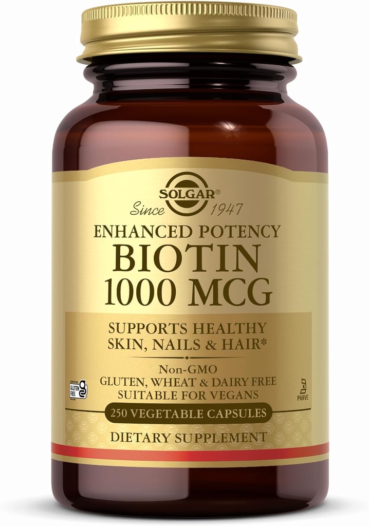 Solgar Biotin 1000 mcg - 250 köögiviljakapslit - toetab tervislikku nahka, küüneid ja juukseid - mitte-GMO, vegan, gluteenivaba, piimavaba, Kosher - 250 serveerimist