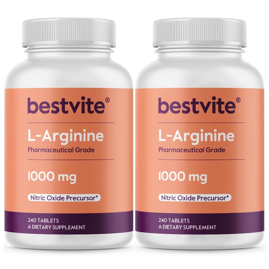 BESTVITE L-Arginine 1000mg per Tablet (480 Tablets) (240 x 2) – Pharmaceutical Grade – Contains 20% More Pure Arginine Compared to Arginine HCl – Nitric Oxide Precursor*