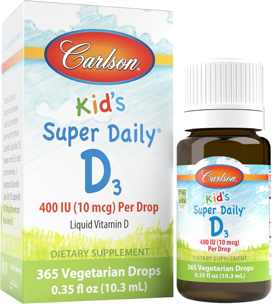 Carlson - Kid 's Super Daily D3, Witamina D Dropy dla dzieci, 400 IU za kroplę, 1-Rok dostaw, Serce i immunologiczne zdrowie, Wegetarianin, Płynne krople witaminy D, Unflavored, 365 kropli