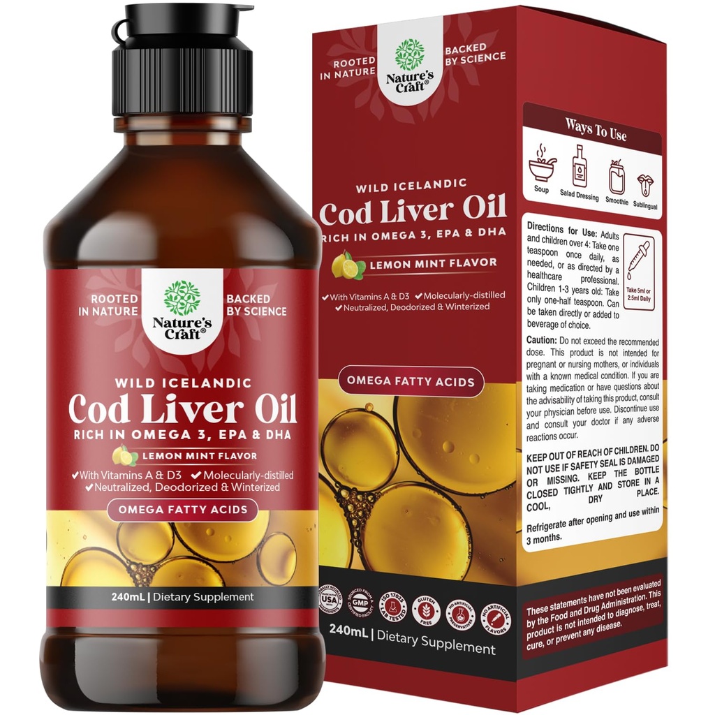 Icelandic Wild Caught Cod Liver Oil Liquid - Fish Oil Drops with Omega 3, EPA, DHA, Vitamin D & A - Liquid Cod Liver Supplement for Heart, Joint, Brain & Immune Support - 8 Fl Oz