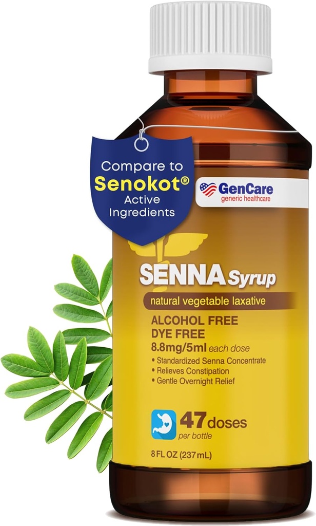 GenCare - Senna Syrup Liquid Laxative (8 Fl Oz Bottle) All Natural Vegetable Sennosides Active Ingredient TEN Easy to Swallow Constipation Relief for Adults and Kids 12 and Older TEN Best Value Size