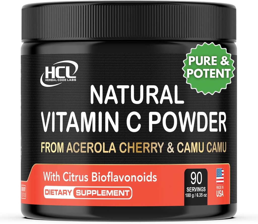 Vitamina C natural de Acerola Cherry & Camu Camu Powder - Alta absorción con Citrus Bioflavonoids - Immune System & Collagen Booster - Anti Aging Skin Vitamins Made en EUA 90 porcións