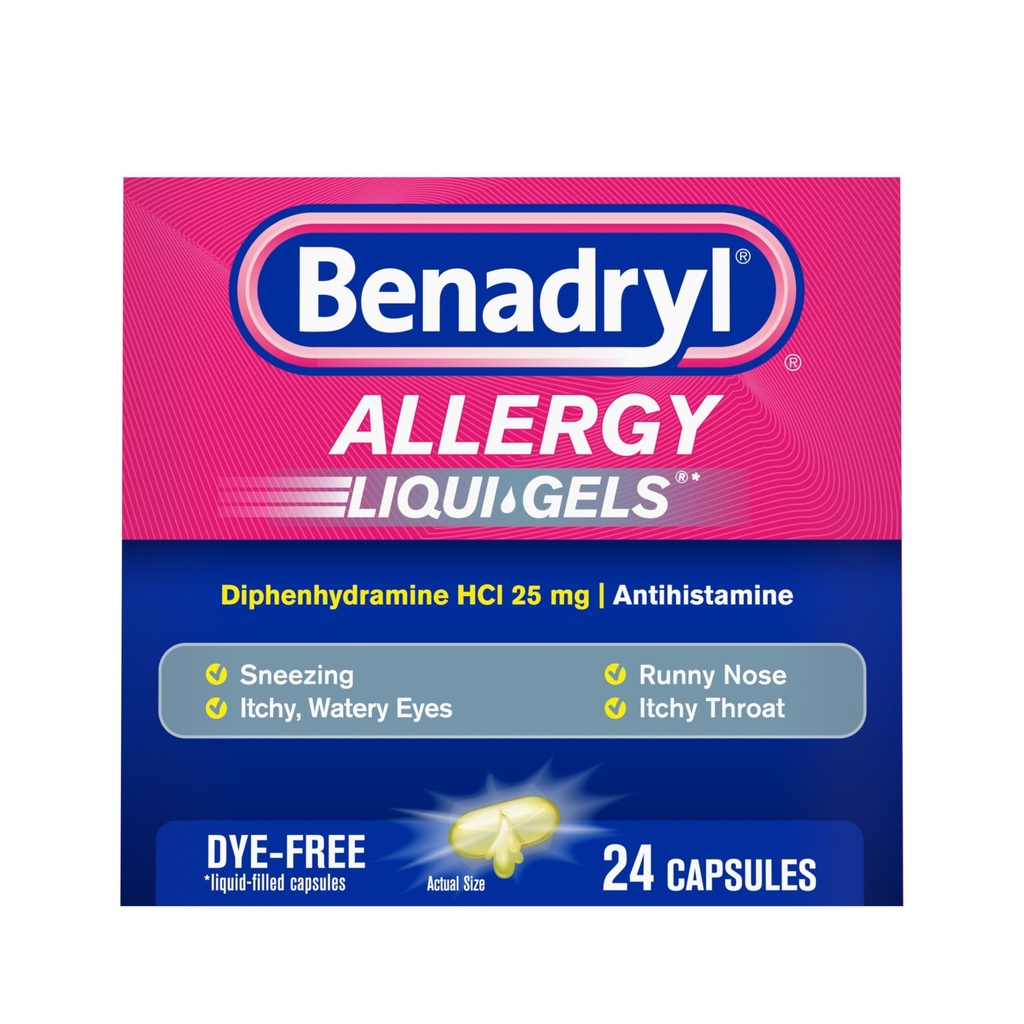 Benadryl Liqui-Gels Allergy Medicine, Dye-Free Liquid Gel Capsules with 25 mg of Diphenhydramine HCl Antihistamine for Relief of Allergy & Cold Symptoms Like Runny Nose & Sneezing, 24 ct