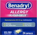 Benadryl Liqui- Gels Alergy Medicine, Dye- Free Liquid żel Kapsułki z 25 mg difenhydraminy HCl Antihistamina dla łagodzenia alergii & zimne objawy takie jak Runny Nose & Kichanie, 24