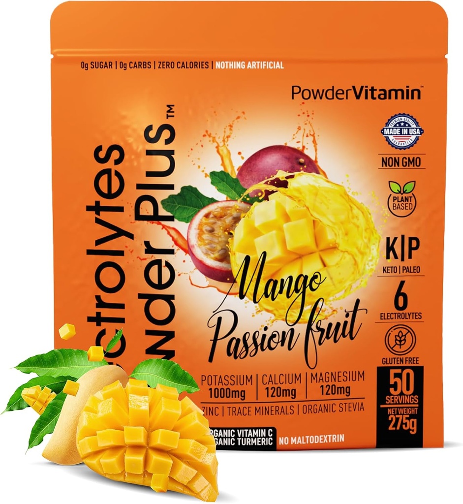 PowderVitamin Electrolytes Powder Plus (50 Servings) Mango Passionfruit Elektrolüüt Pulber Nullkalor Keto, 0 Suhkur, No Maltodekstriin, 1000mg Kaalium, 120mg Kaltsium, 120mg Magneesium, Hüdratsioon Pulber