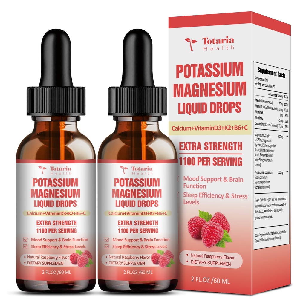 Potassium Magnesium Supplement Liquid Drops - High Absorption Potassium Supplement with Magnesium, Calcium, Vitamin D3 K2, Vegan, Non-GMO Potasio Support Leg Cramps, Bone, Muscle - 4 Fl oz