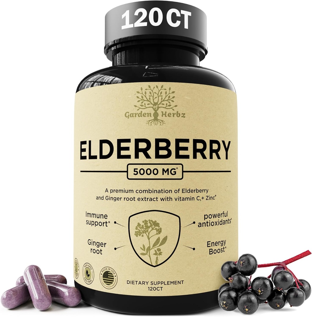 Bezinky s vitamínem C, zinek, & Ginger - Potenciální imunitní posilovač 5000 Mg Elderberry, zinek, & Vitamin C - Non- GMO imunita Vitamíny pro dospělé, aby vám pomohl cítit vibrační, 120 Caps