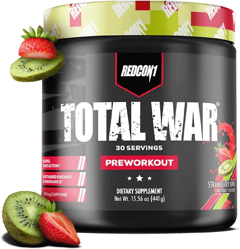 REDCON1 Total War Pre Workout, Strawberry Kiwi - L Citrulline, Malic Acid, Green Tea Leaf Extract für Pump Boosting Pre Workout für Damen und Herren - 3.2g Beta Alanine zur Reduzierung der Auspuffung (30 Portionen)