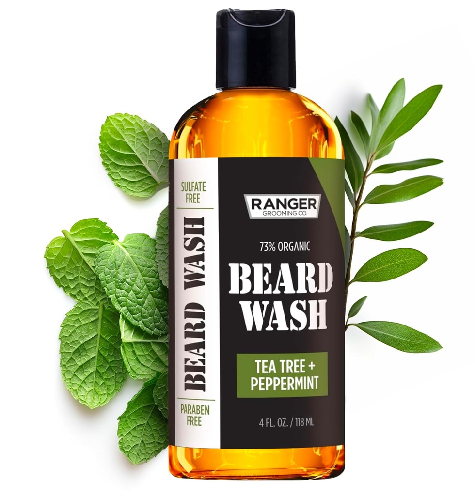 Leven Rose Beard Wash Shampoo by Ranger Grooming Co, Sulfate Free Natural Beard Cleanser & Statuser for Men, Tea Tree & Spinning üçün Peppermint, Paraben Free 4 oz