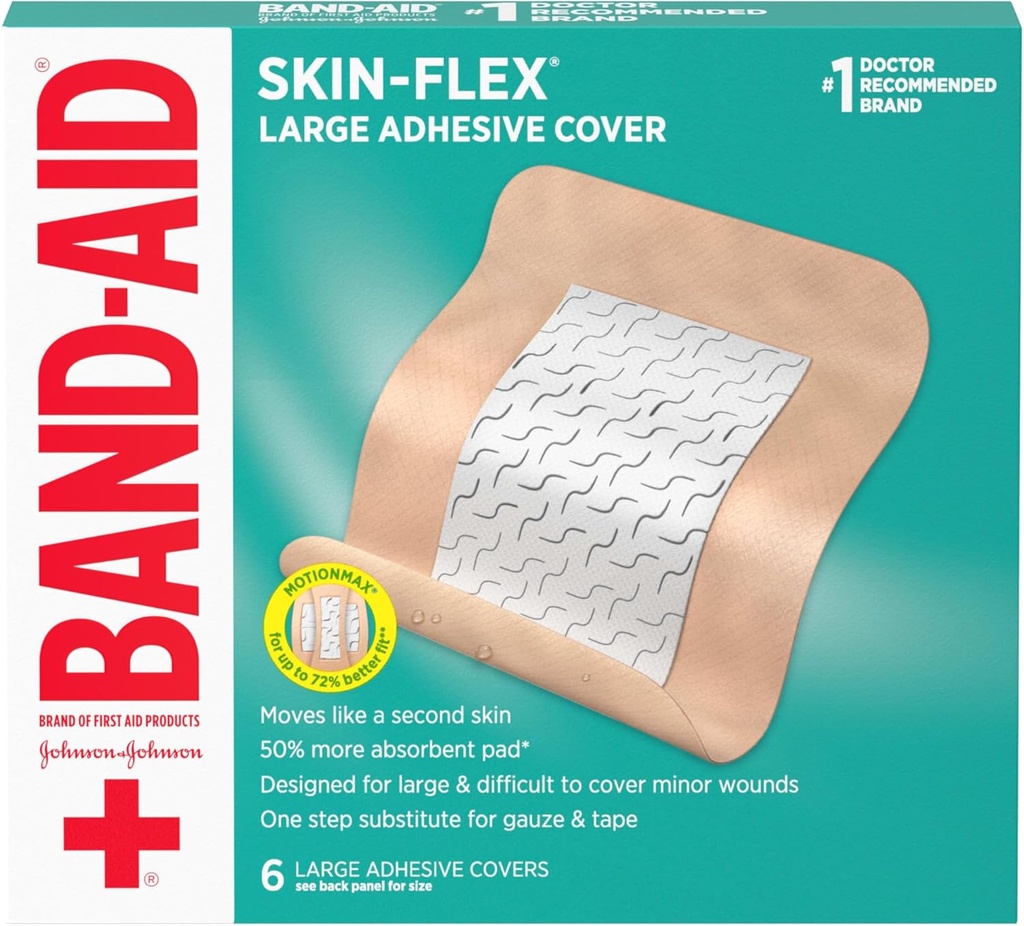 Band-Aid zīmols Skin-Flex Adhesive Elastīgi Brūces Apvalki pirmās palīdzības brūču aprūpei no maziem gabaliem, skrambām un apdegumiem, ar mierinošu sajūtu, kustoties kā otrā āda, sterils, liels, 6 ct