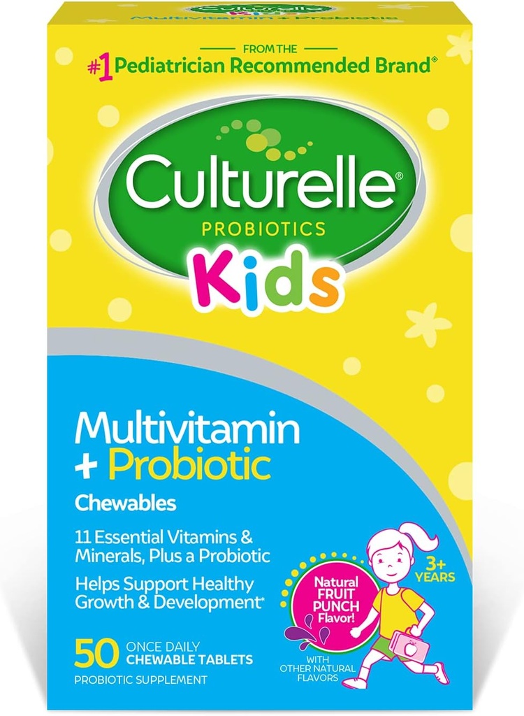 Culturelle Kids Complete Chewable Multivitamínico + Probiótico para nenos, Idades 3, 50 Conde, Saúde Digestiva, Saúde Oral e Apoio Inmune - Con 11 vitaminas e minerais, incluíndo vitamina C, D3 e Zinc