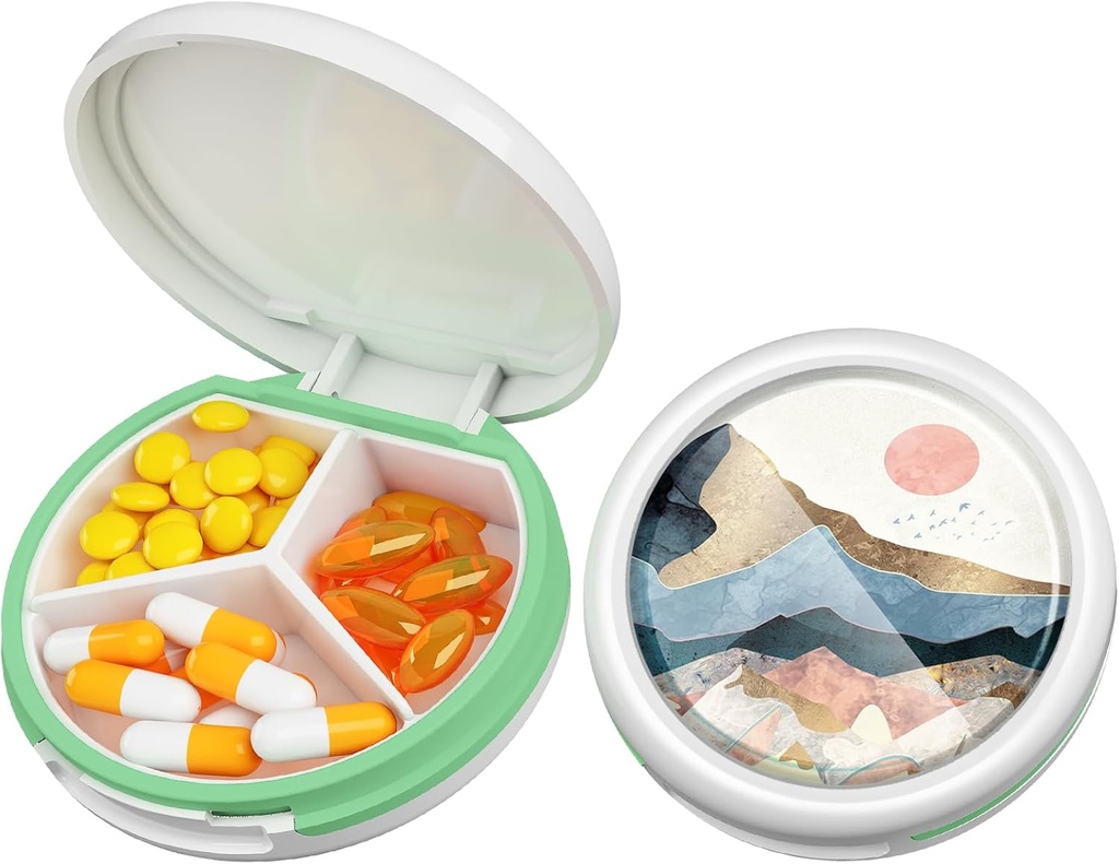 Serfeymi cutie pilula mica - 3 Compartimente cutie pilula portabila pentru buzunar Purse, Compact Mini Travel Pill Case - Potrivit pentru Medicina, Vitamina, Ulei de pește, Suplimente - alb (Mountain Sunrise)