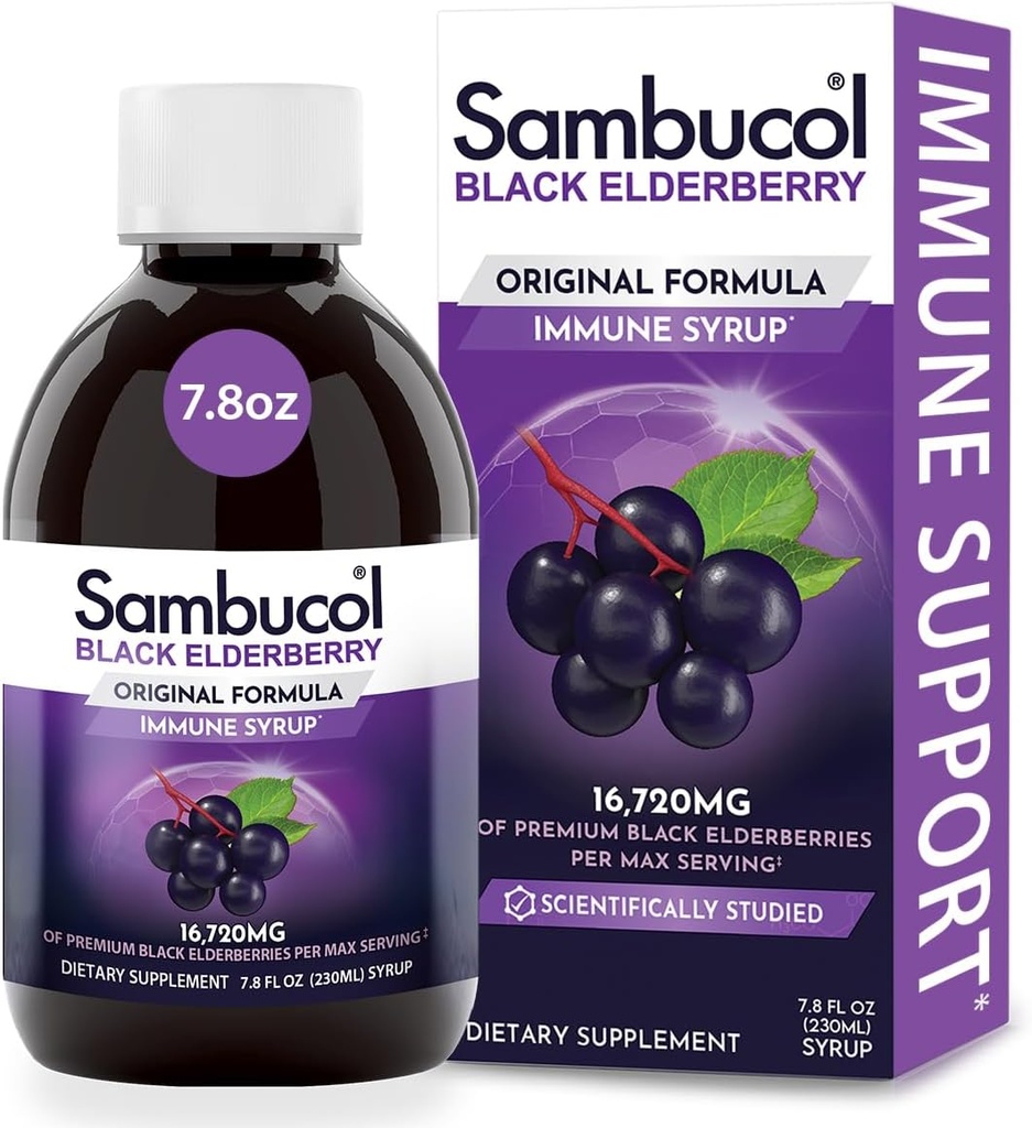 Sambucol Black Elderberry Syrup - Sambucus Elderberry Syrup täiskasvanutele Immune Support, Elderberry Liquid, Elderberry Extract, Gluteenivaba - 7,8 Fl Oz