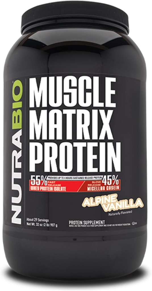 NutraBio Muscle Matrix Protein Powder - 25g proteinu Per Scoop - Syrovátka a micelar Casein Combo pro rychlé a pomalé uvolnění - Vanilla - 2 litry, 28 Služeb