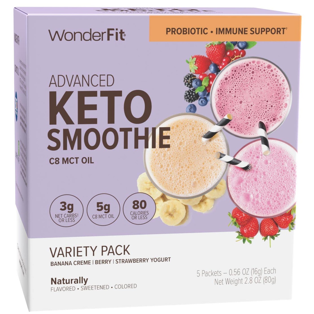 WonderFit av WonderSlim Keto Smoothie med C8 MCT Olje, Variety Pack, 1-3g Netto Carbs, Glutenfri, Probiotisk og immun støtte (5ct)