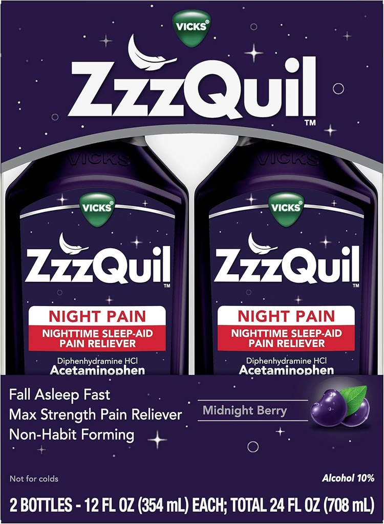 ZzzQuil Liquid , Max Strength Pain Reliever , Nighttime Sleep Aid Vequid , Acetaminophen 1000mg , Difenhüdramiin 50mg HCI , Non- Habit Forming , Midnight Berry Flavored , 2 Pack , 24 FL OZ