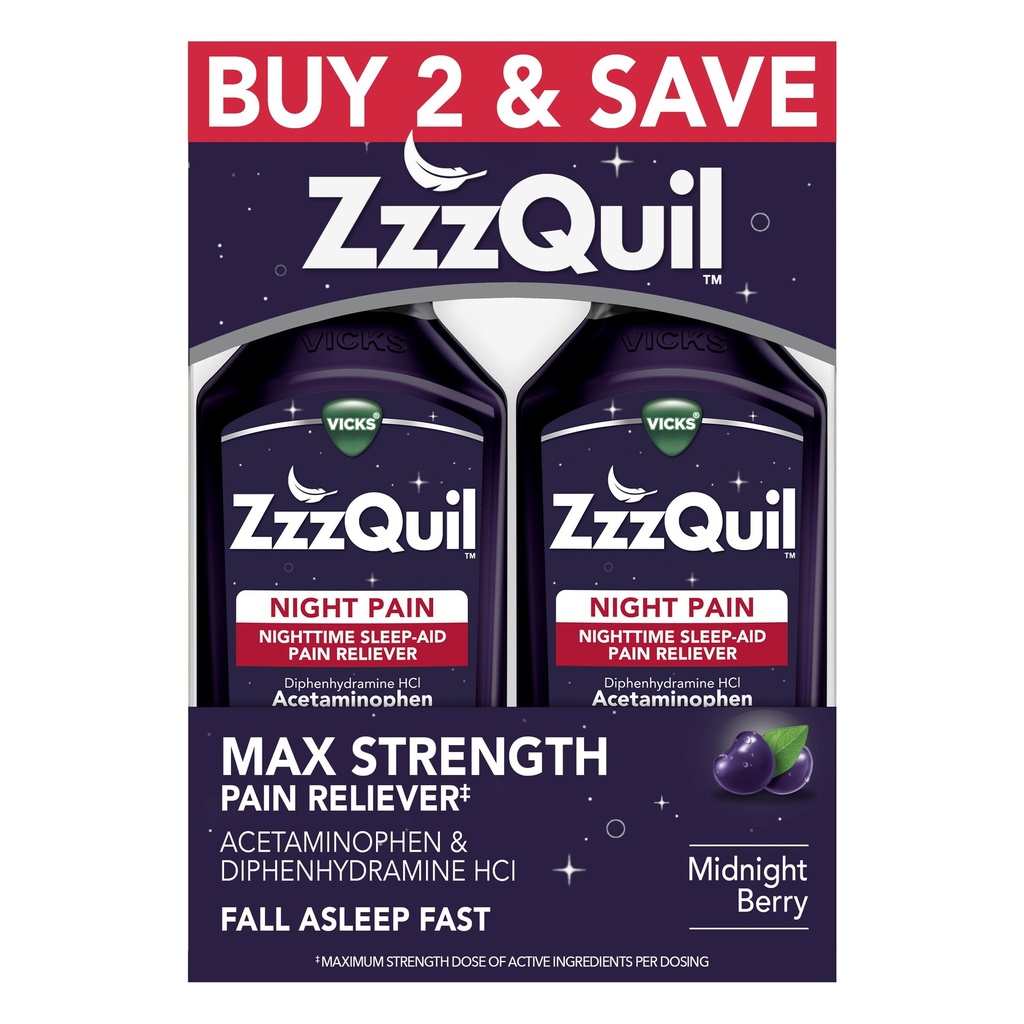 ZzzQuil Liquid, Max Strength Pain Reliever, Nighttime Sleep Aid Liquid, Acetaminophen 1000mg, Diphenhydramine 50mg HCI, Non-Habit Forming, Midnight Berry Flavored, 2 Pack, 24 FL OZ