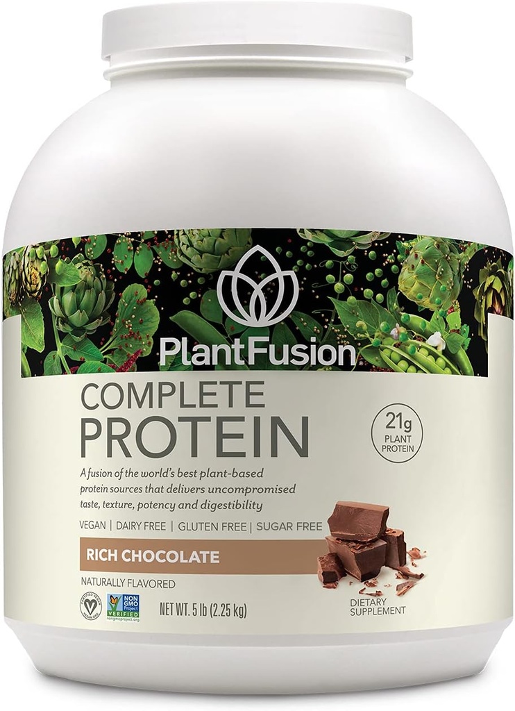 PlantFusion Complete Vegan Protein Powder - Plant Based Protein Powder med BCAA, fordøjelsesenzymer og Pea Protein - Keto, Gluten Free, Soy Free, Non- Dairy, No Sugar, Non- GMO - Rich Chocolate 5 LB