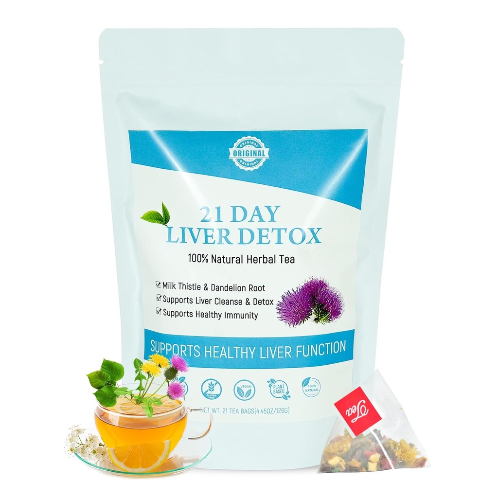 Laicuherb Milk Thistle Liver Detox Tea Digestio eta Immunityrako, Natural 21 Day Liver Cleanse Herbal Tea Liver Cleansing & Stomach Care, Caffeine Free, 21 Teabag