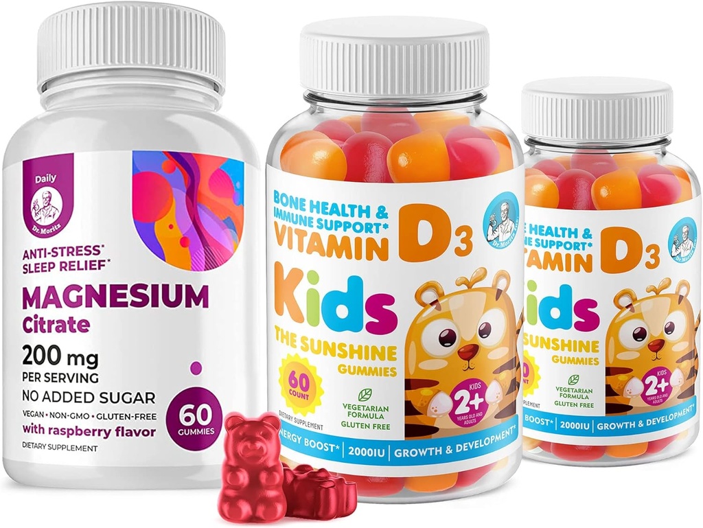D-vitamiini Gummies for Kids&Adults 2000 IU ja Magnesium Gumies - Terve D3-vitamiini täydentää 1000IU - Kasvissyöjä Liivate-Immuuni tuki sokerin vapaa Magnesium Camm Chews for Kids&Adults