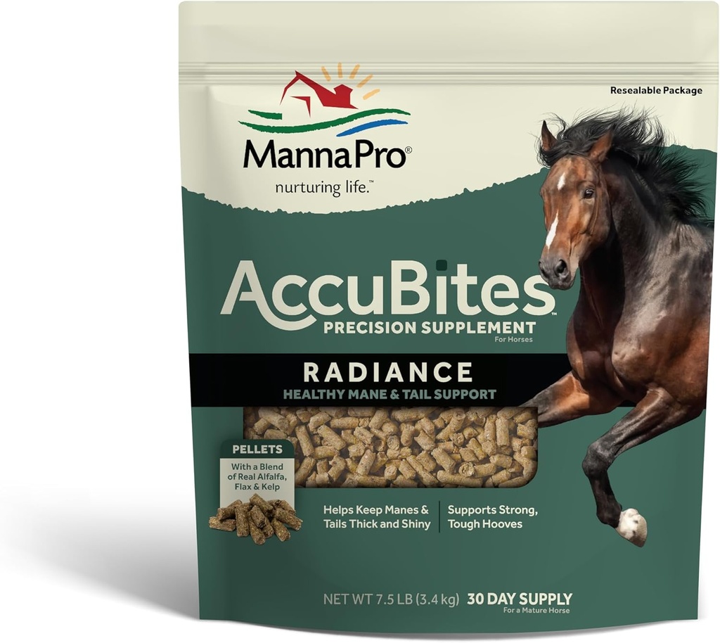 Manna Pro AccuBites Radiance Equine Appendix - Kůže a kabát, esenciální vitaminy a kopyta zdraví pro koně - Baleno s Omega 3, 6, & Biotin - Main & Tail Údržba - Alfalfa Ochucené - 7,5 kg