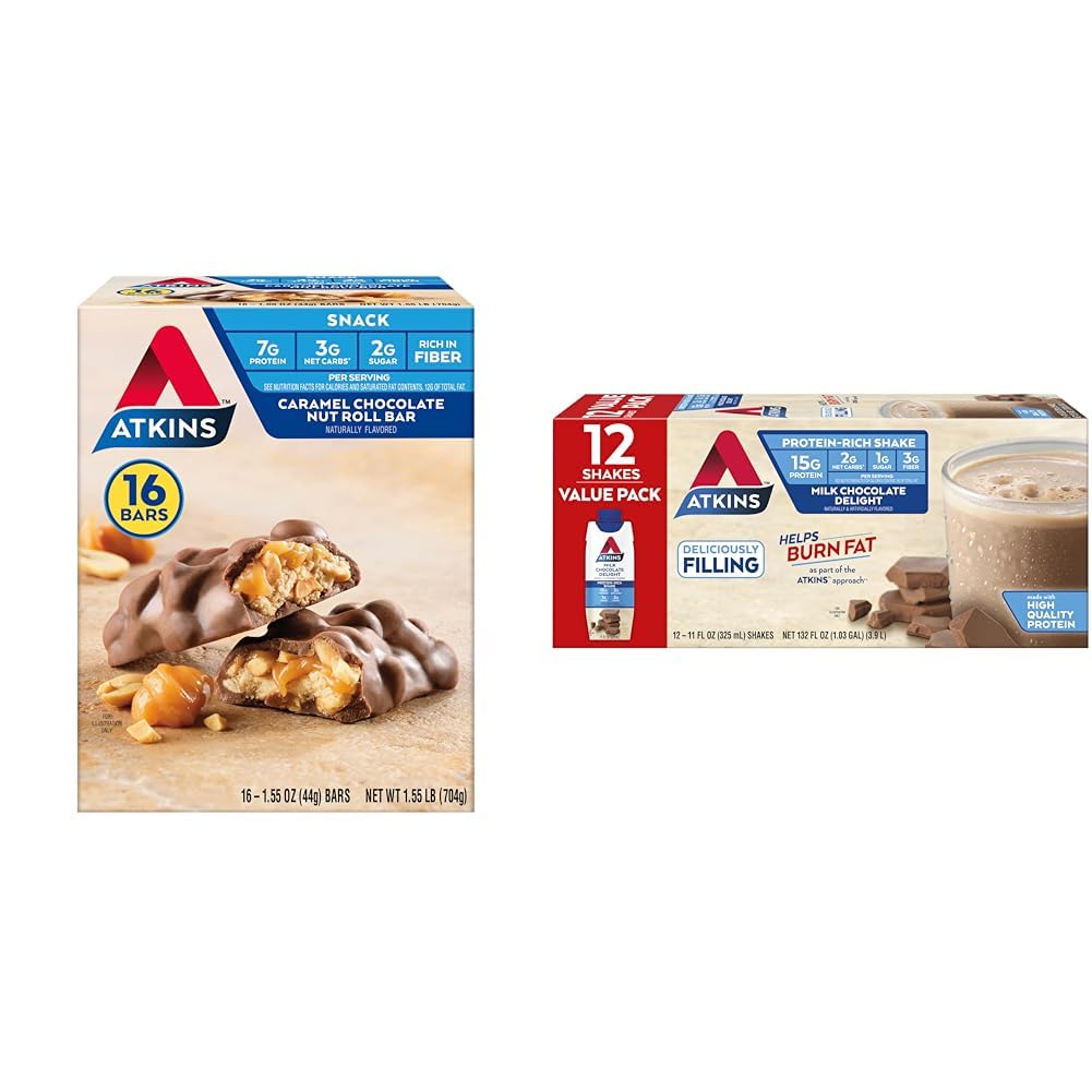 Atkins Caramel Chocolate Nut Roll Snack Bar, Protein Snack, High in Fiber, 2g Sugar, 16 Count & Milk Chocolate Delight Protein Shake, 15g Protein, Low Glycemic