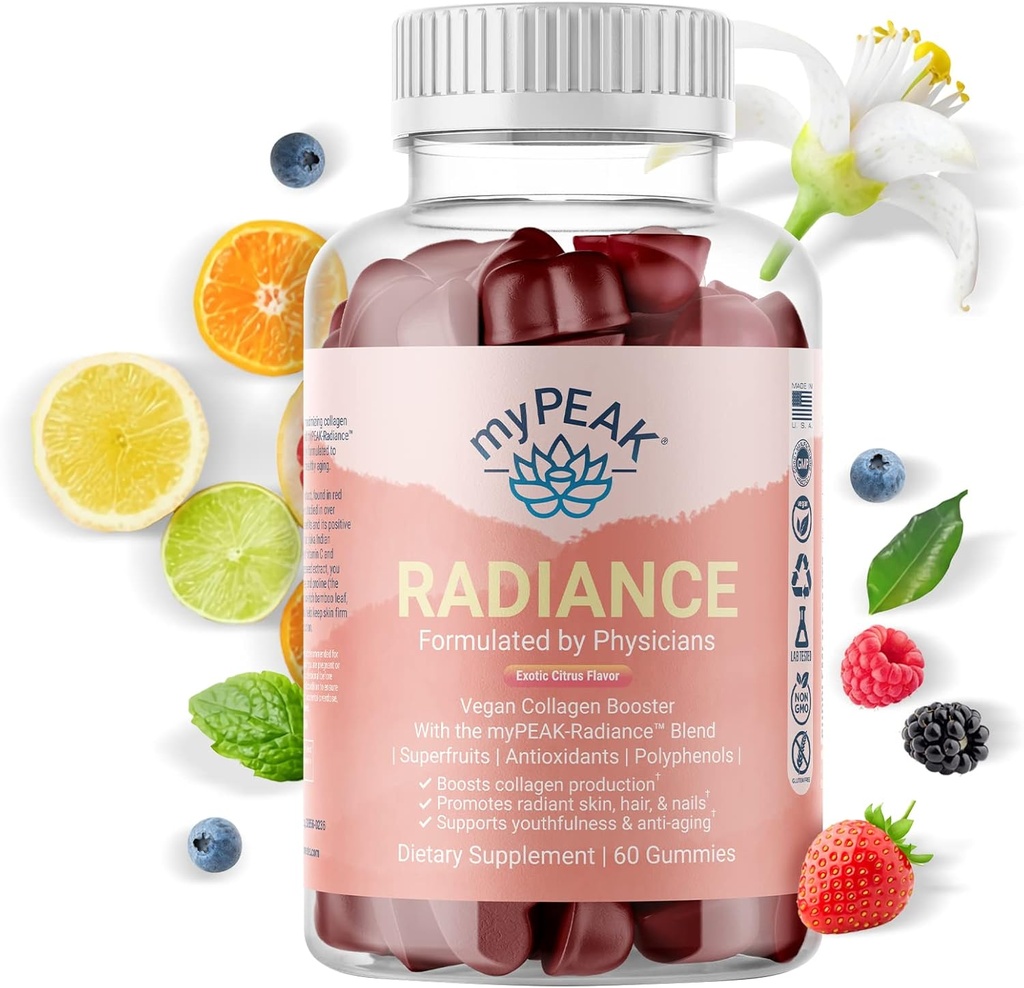 myPEAK Radiance Vegan Collagen Booster and Superfruit Gummies, Collagen Supplements with Superfruits and Skin-Enhancing Nutrients, Hair Skin and Nails Vitamins for Beauty, 60 Gummies