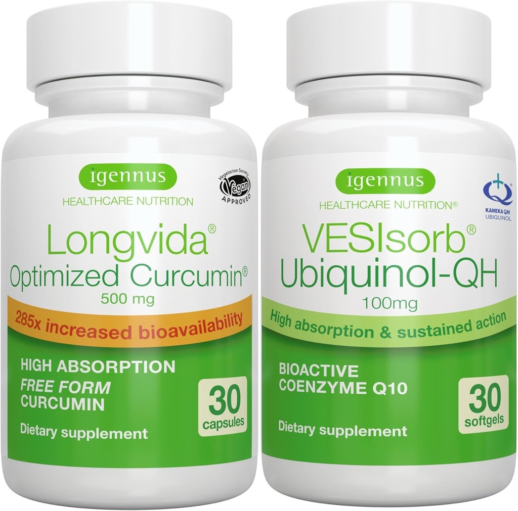 Longvida Curcumin 500mg + VESIsorb Ubiquinol-QH Advanced CoQ10 100mg Bundle, Ultra Bioavailable Curcumin with Bioavailable & Fast-Acting Ubiquinol, by Igennus