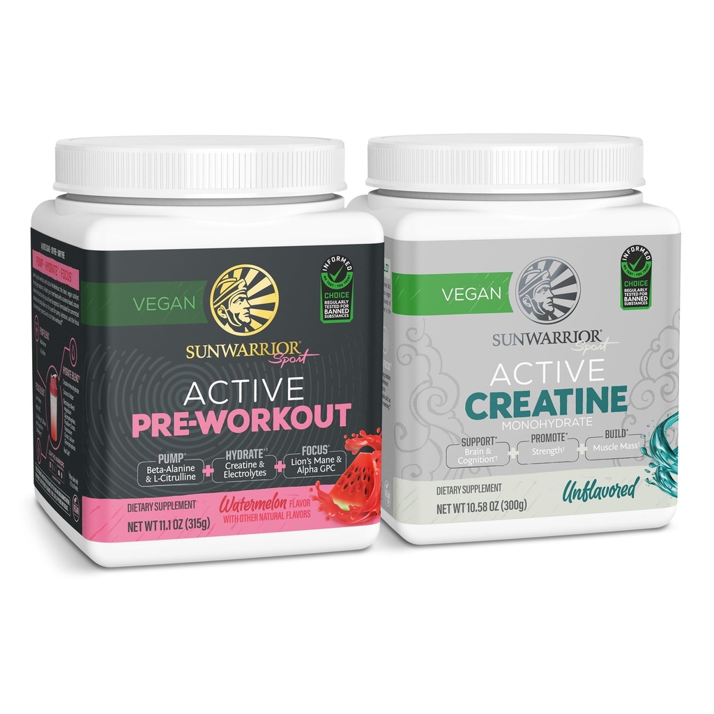 Sunwarrior Pre-Workout Powder Plant-Based & Vegan | 30 Servings, Watermelon & Creatine Monohydrate Powder | Unflavored, 60 Servings