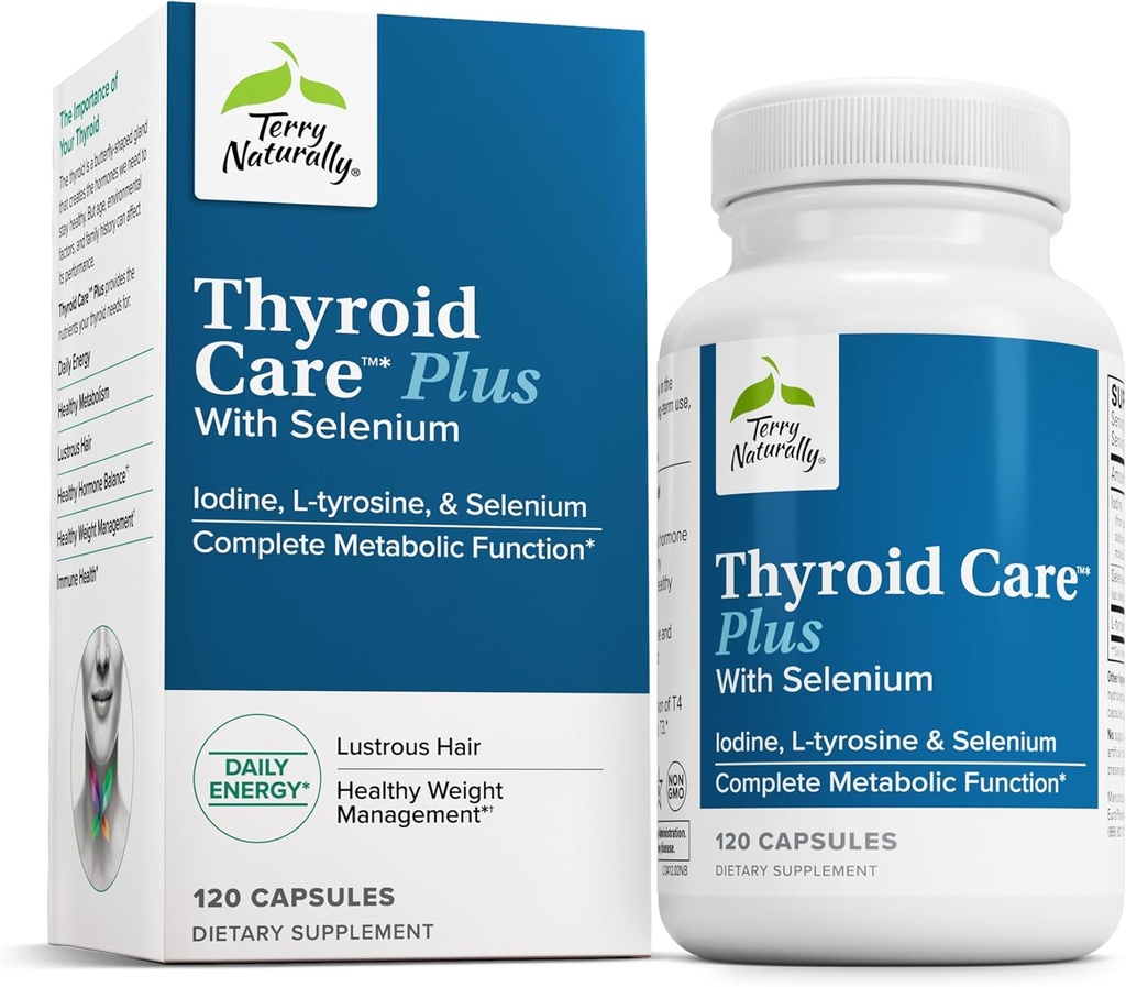 Terry Naturally Thyroid Care Plus - Supplemento alla tiroide - Integratore alimentare per l'energia e il sostegno sano dei capelli - Supplemento con L-Tyrosine & Selenium - 120 capsule