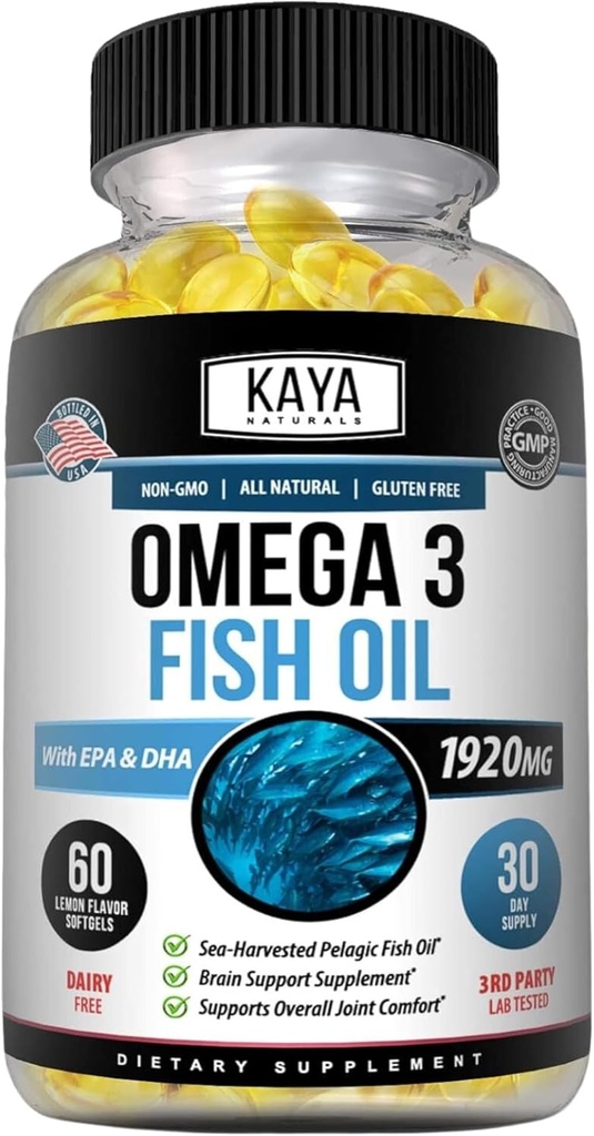 Kaya Naturals Omega 3 Täiendus - Nature Made Omega 3 Kalaõli - 100% puhas merekarvaline pelaagiline kalaõli ilma kala maitse - 60 Count Softgels