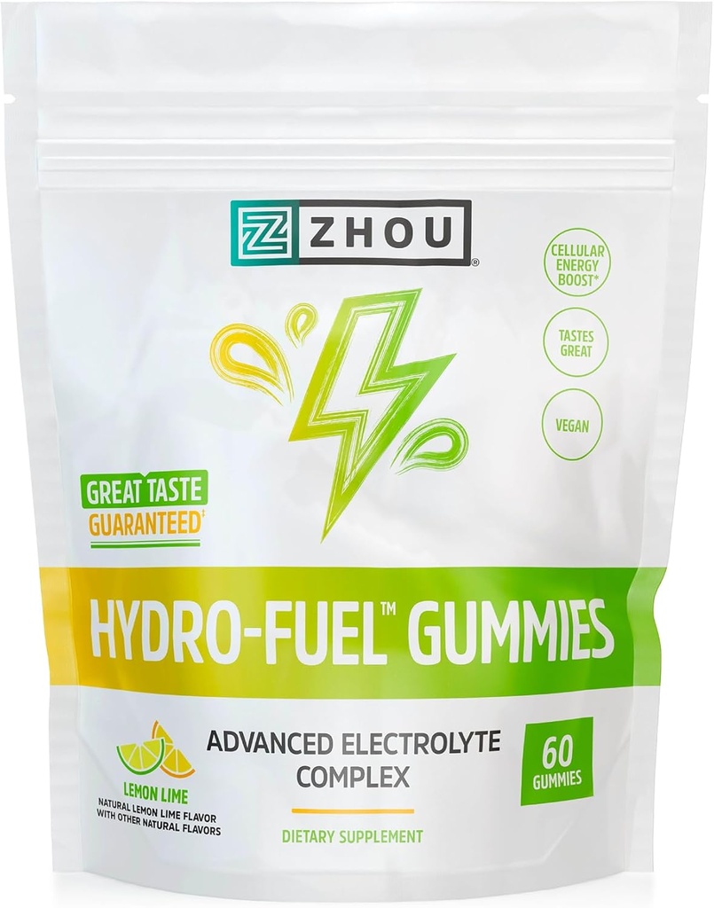 Zhou Hydro-Fuel Gummies - Electrolyte Gummy, Hydration Salt Chews con Sodium, Potassium & Magnesio Chewables, Enerxía e Resistencia para Mulleres e Homes - Lime de limón, 60 Veggie Gummies