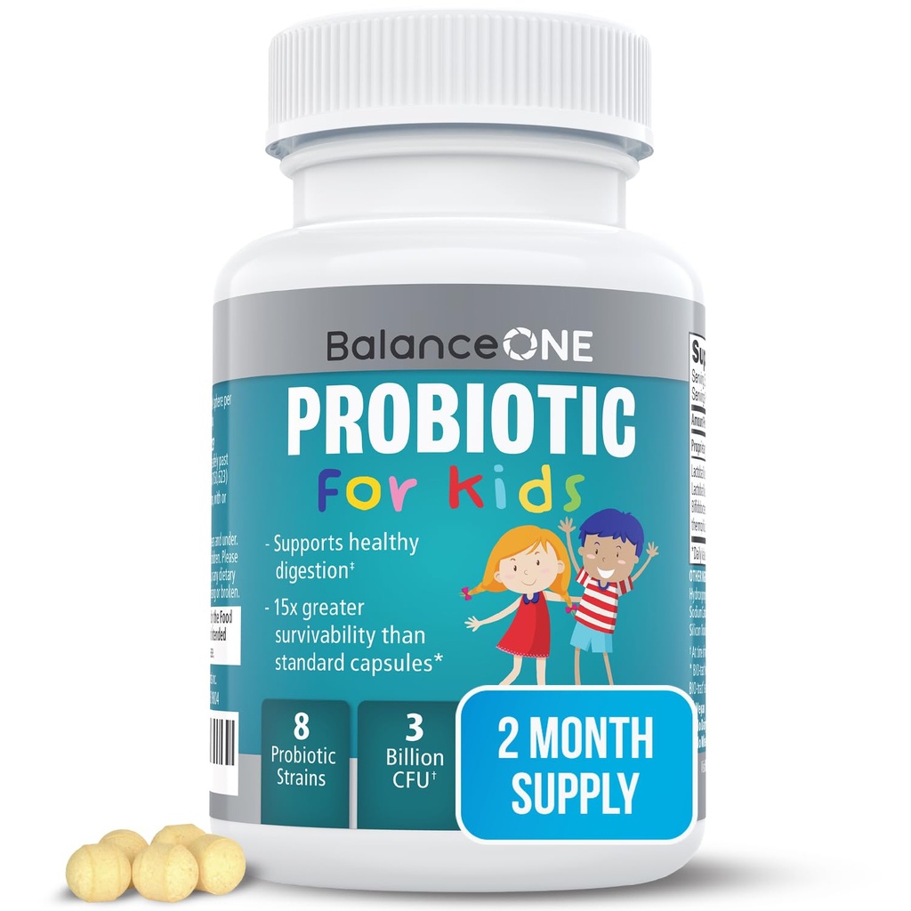 Balance ONE Time-Release Kids Probiotic – Up to 15x Better Survivability – 3 Billion CFU – Gut & Digestive Support for Children – Sugar Free, Easy to Swallow, 2 Month Supply
