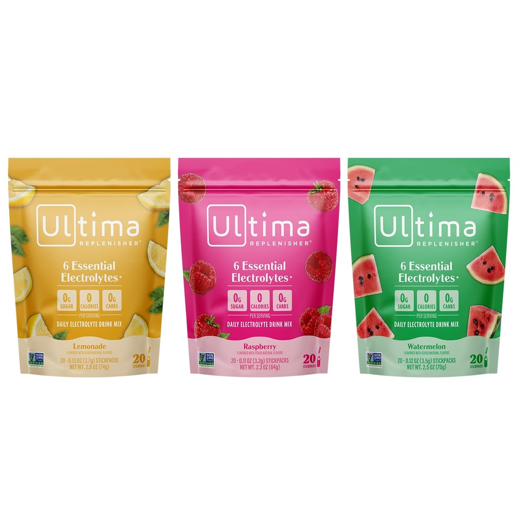 Ultima Replenisher Electrolyte Powder Drink Bundle - Sukker fri - Lemonade og hindbær og Watermelon, 20 stickpacks - 6 elektrolyter og mineraler - Keto Friendly, Vegan, Non- GMO