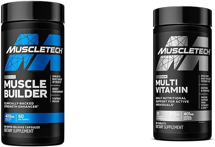 MuscleTech Muscle Builder cu 400mg Vârf ATP și Platinum Multivitamine cu Amino Support Matrix și vitamina C - Clădire musculară și suport imunitar Bundle pentru bărbați și femei