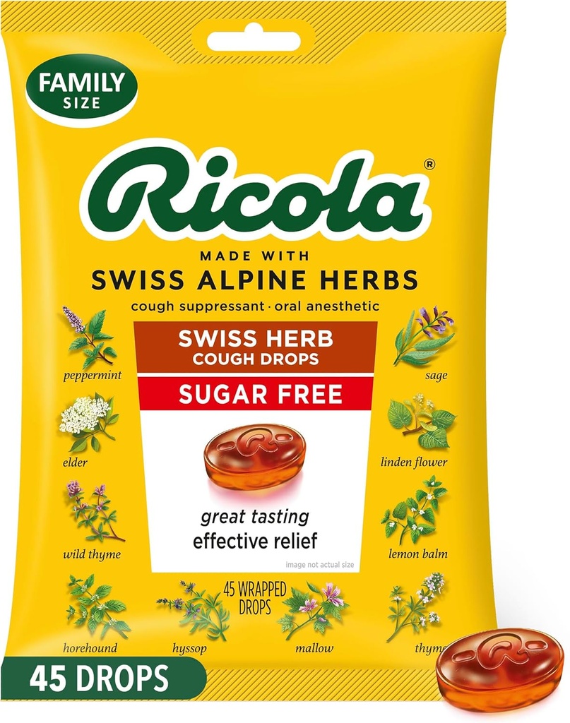 Ricola Suikervrij Zwitserse kruiden Hoest Druppen, 45 Graaf, Hoest Suppressant & Throat Relieving Drops met natuurlijk aangeboren Menthol, Pleasing Proste for Coughs & Throat Irritation Symptoom Relief