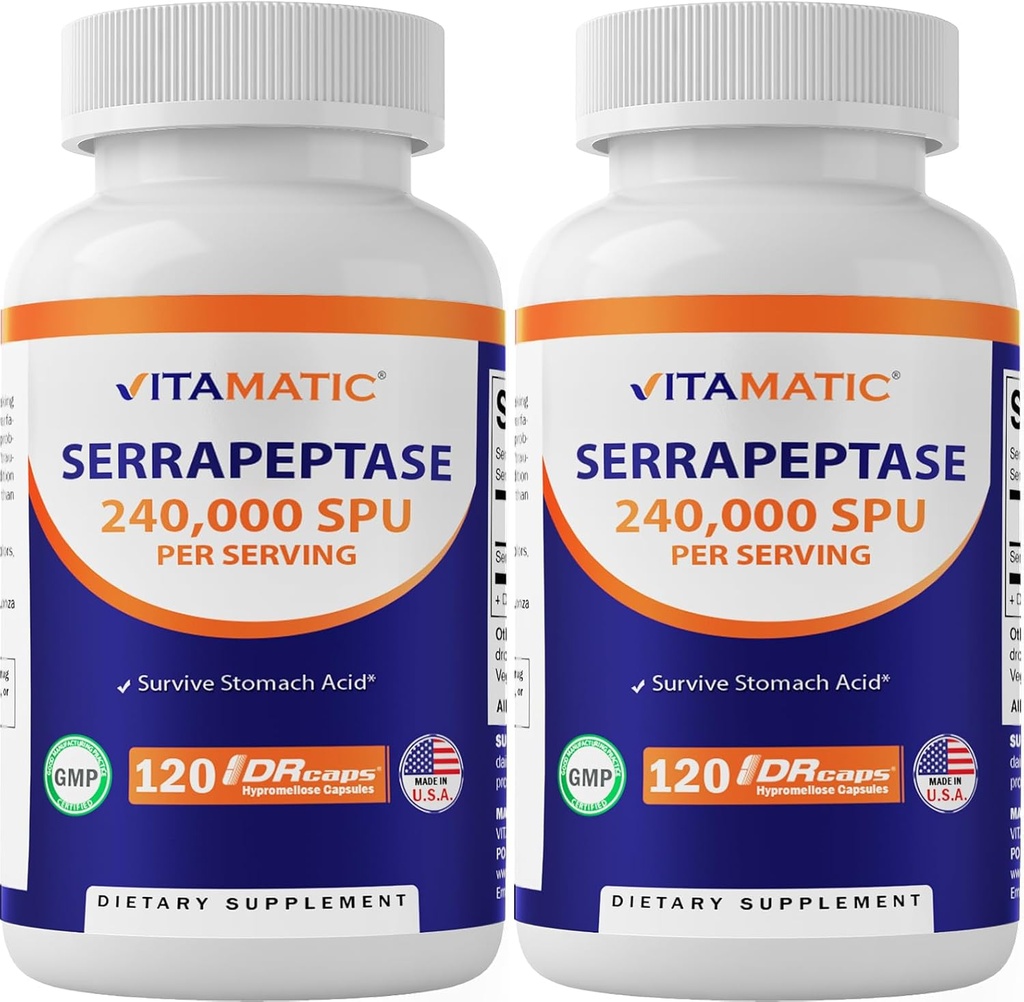 Vitamatic Serrapeptase 240000 SPU Servings, 120 Забавени освободени капсули - Enteric Coated - Non-GMO- Made in The USA (120 Count (Pack of 2)