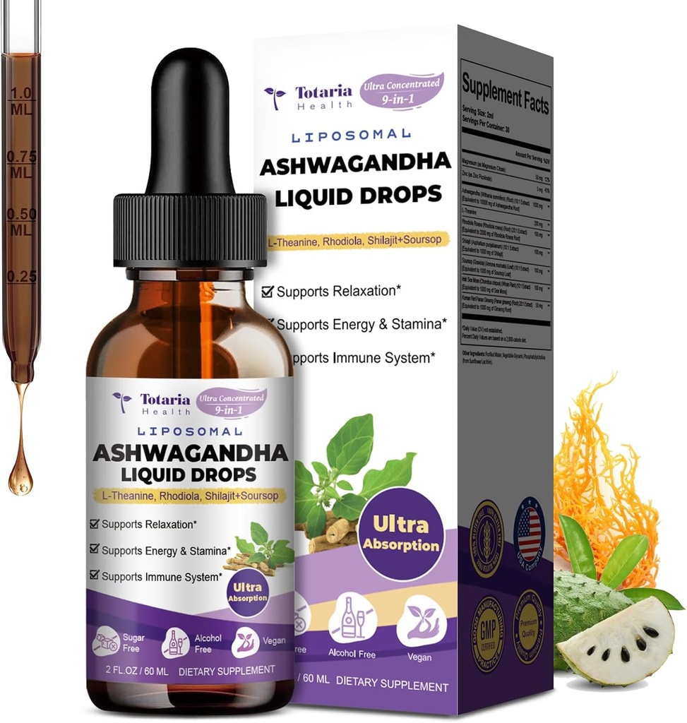 Totaria Liposomal Ashwagandha Liquid Drops, Ultra Strength Ashwa Root Extracto Suplemento con Shilajit, Ginseng, Magnesium, Soursop, L-Theanine, 60ml
