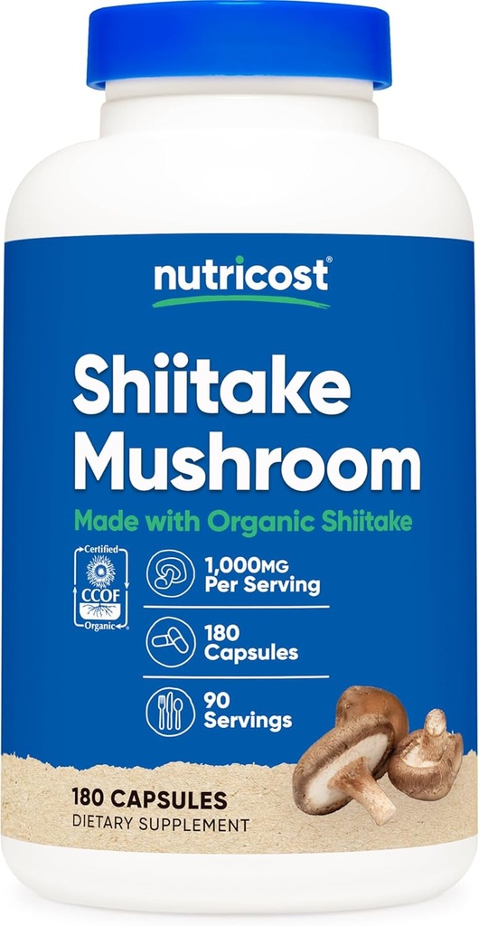 Nutricost Organic Shiitake Mushroom Capsule 1000mg, 90 Serve - CCOF Certificati Realizzati con Organico, Vegetariano, Gluten Free, 500mg Per Capsule, 180 Capsule