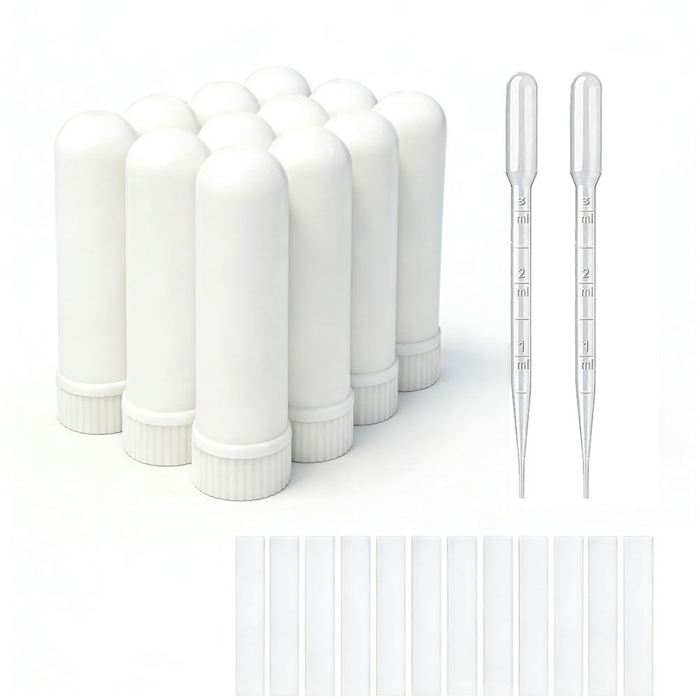12 Sets Essential Oil Aromatherapy Tubes Inhaler Sticks Blank Nasal Inhalers(12 Complete Sticks) + 2 Polyethylene Pipette Droppers