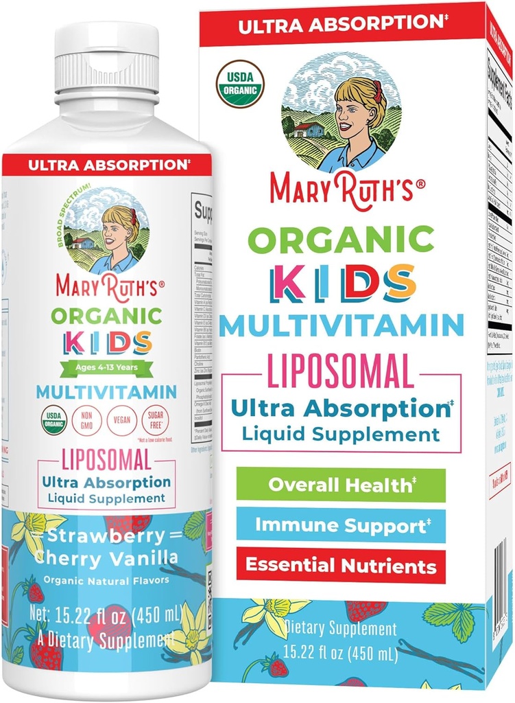 MaryRuth Organics Kids Multivitamin Liposomal , Vegan, Sugar-Free Vitamins for Kids , Ages 4+ | 2 Month Supply | 15.22 Fl Oz