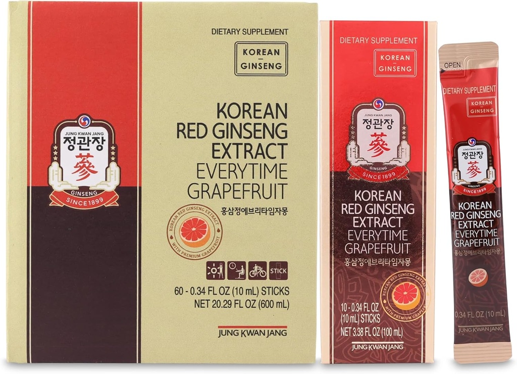JUNG KWAN JANG Korean Red Ginseng Extract Everytime Grapefruit 1000mg CZ124; Ginseng dodatek, Enegy dodatek, Korejské potraviny CZ124; Caffeine Free, gluten Free, Boost Energy, Antioxidant CZ124; 60 Počet