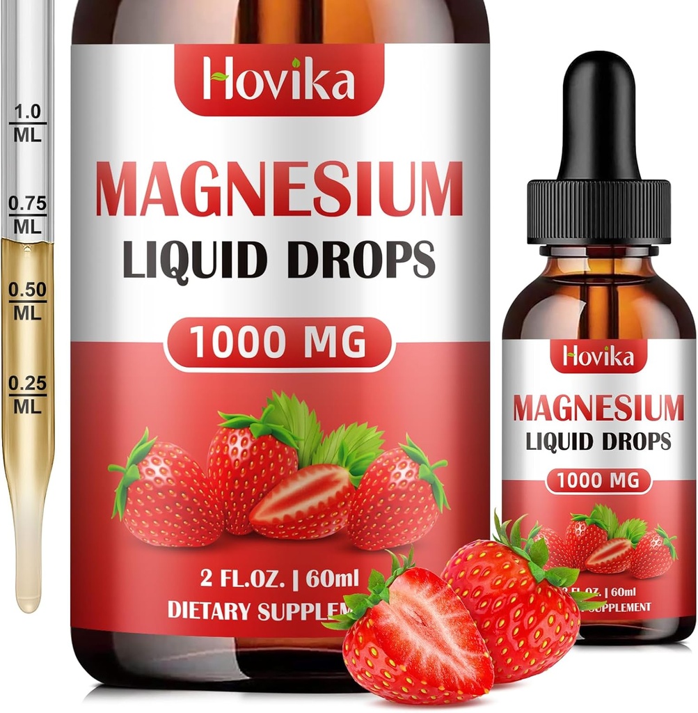 Magnesium Glycinate Liquid Drop met Citrate, Malate en Taurate, Kalm Magnesium Supplement met Calcium, Kalium, Zink, CoQ10, D3, B6, B12 voor Relax Mood, Spier, Energie- Aardbei smaak, 2 Fl Oz
