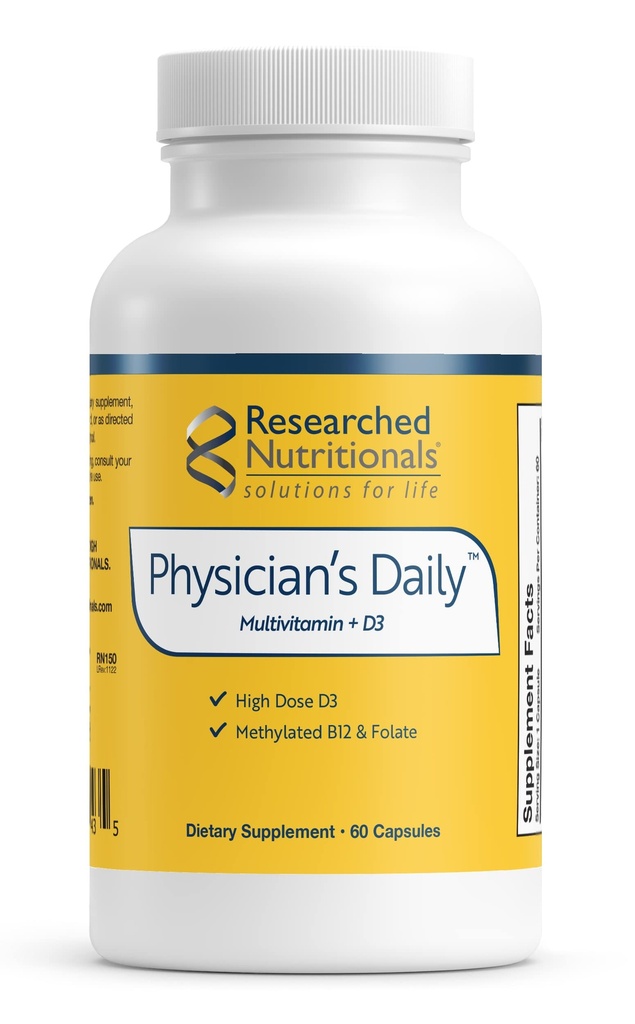 Researched Nutritionals Physician's Daily + D3 - Methylated Multivitamin for Men and Women with Methylated B12, B6, Methylfolate & Vitamin D3 2000 IU - Daily Heart & Cognitive Support (60 Capsules)
