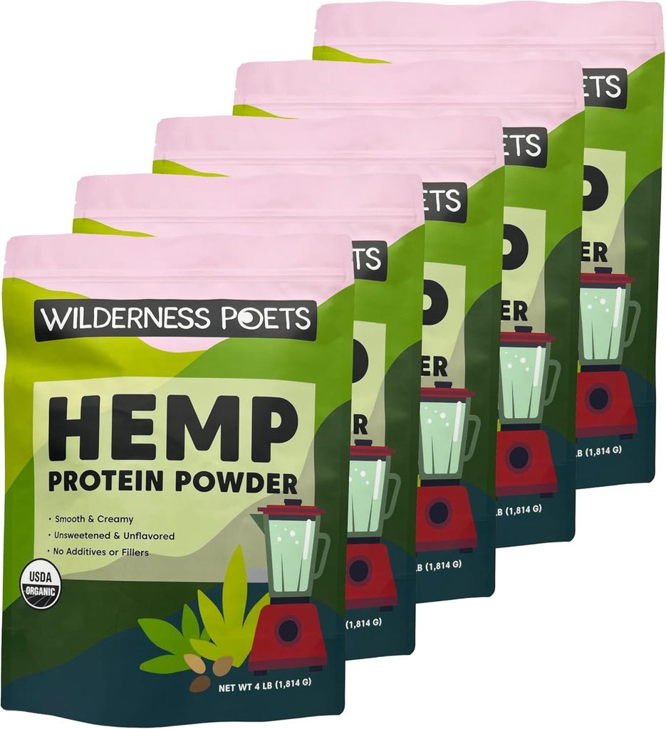 Wilderness Poets, Organic Hemp Protein Powder - Vegan, Cold-Pressed, Plant Based Protein - 4 Pound (Pack of 5)