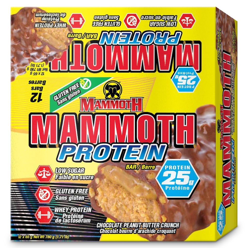 MAMMOTH Protein Bar, Chocolate Peanut Butter Crunch, 25g Protein, Low Carb, Free Gluten, 12 x 65g (12 Count) (Chocolate Peanut Butter Crunch) (12 Count, Chocolate Peanut Butter Crunch)