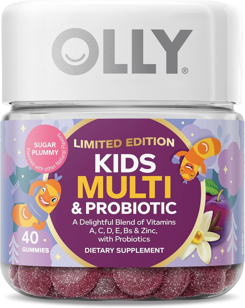 OLLY Kids Multivitamin & Probiotic, Edizione Limitata, Supporto Digestivo, Vitamine A, D, C, E, B, Zinco, Chewable Supplement, Zucchero Plummy - 40ct