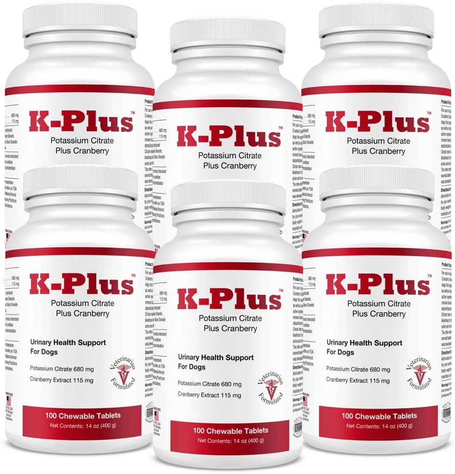 K-Plus Potassium Citrate Plus Cranberry supplement for Dogs - Vet Approved UTI Remedy - Supports Bladder Health - for Every Dog Breed - 6-Pack (600ct)