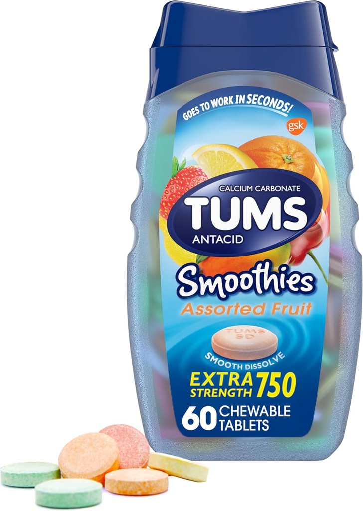 TUMS Smoothies Extra Strength Antasidit purutabletit närästyksen lievittämiseen, valikoidut hedelmät - 60
